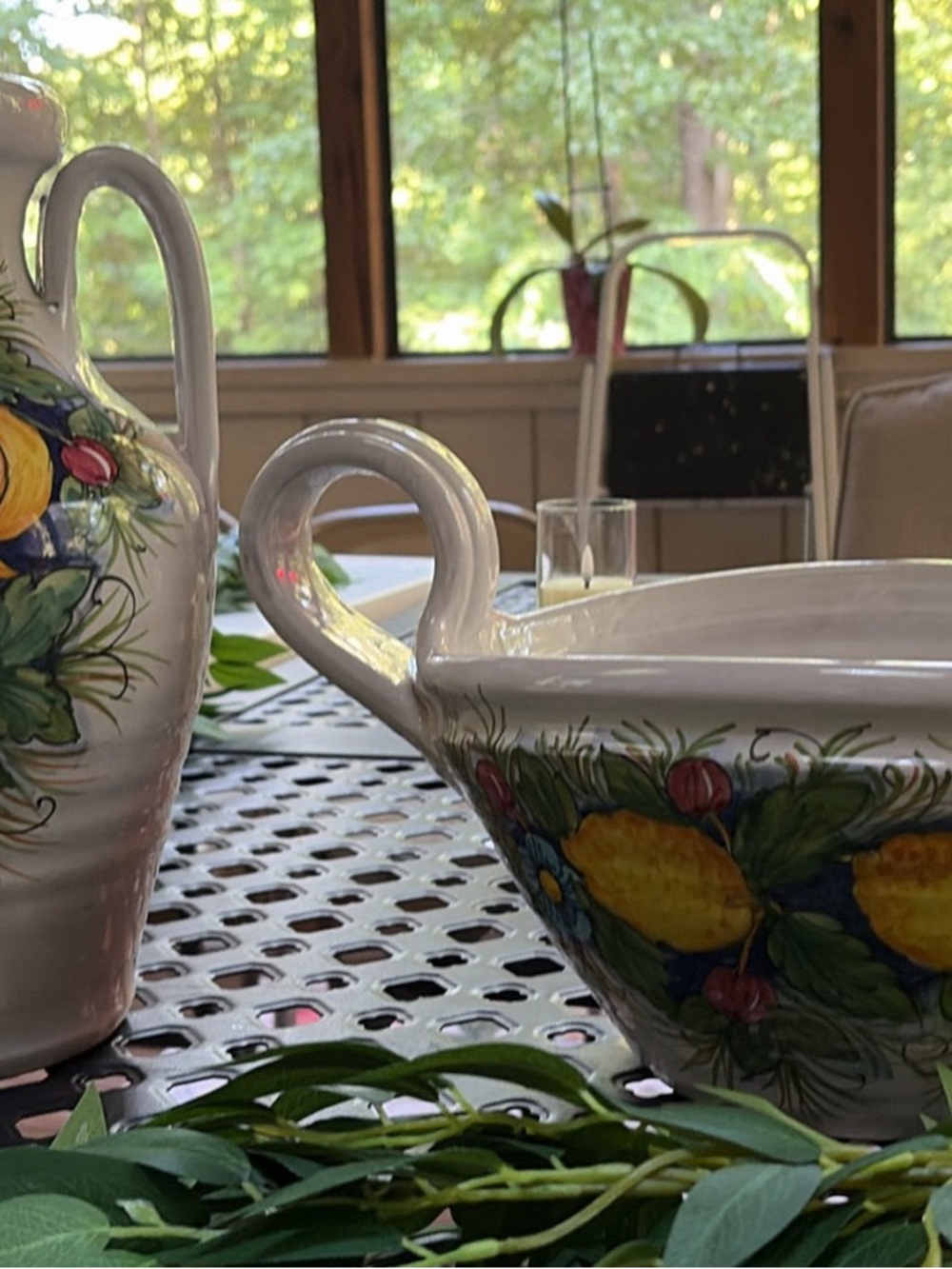 Hand-Painted Ceramic Fruit Serving Bowl - White with Yellow & Green